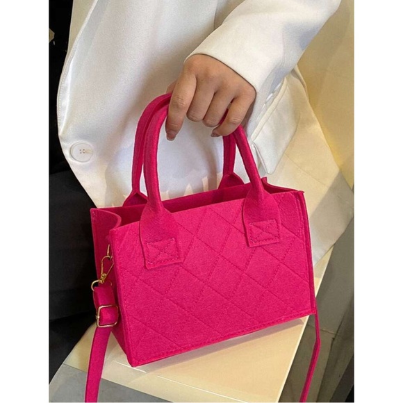 Neon Pink Felt Quilted Square Mini Crossbody Shoulder Bag Purse - Picture 8 of 8